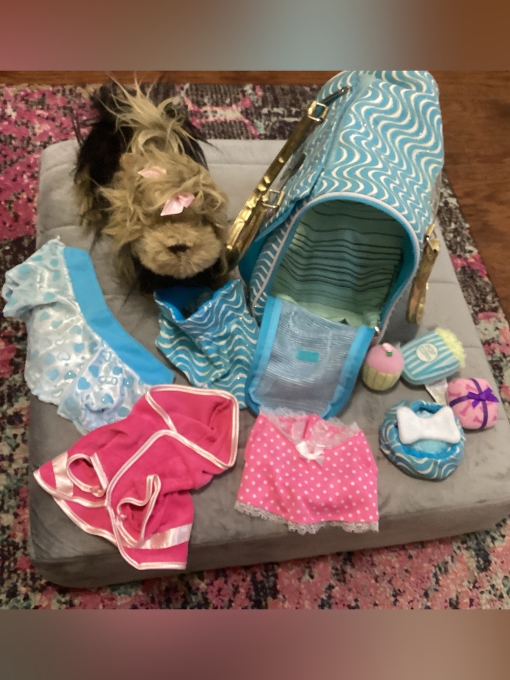 Blue Patterned Play Pet Carrier with Plush Puppy & Accessories